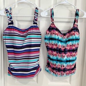 Croft & Barrow Scoop Neck Pink Geometric Striped Patterned Tankini Swim Tops 14